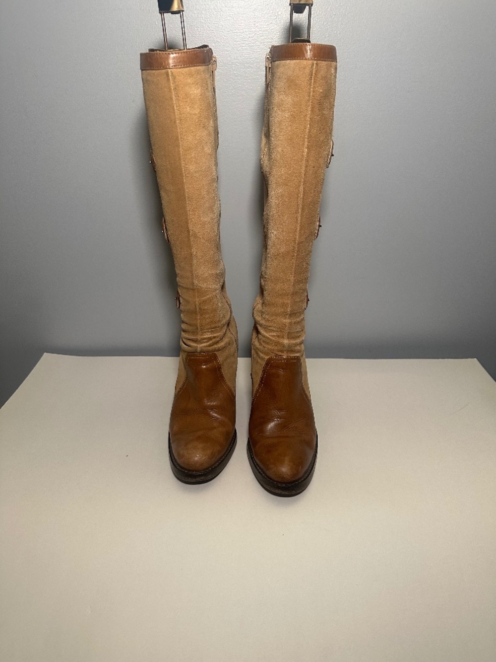 Via Spiga Brown Leather Suede Knee High Boots Three Buckle High Heel Sz 7 VTG